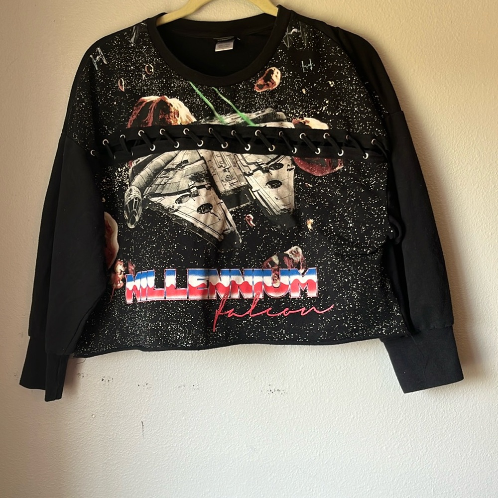 Star Wars Womens Cropped Sweatshirt Black Millenium Falcon Grommets. Size large